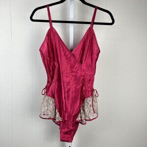 VTG Victoria's Secret Teddy Magenta Pink Satin Beige Lace Gold Label Medium‎